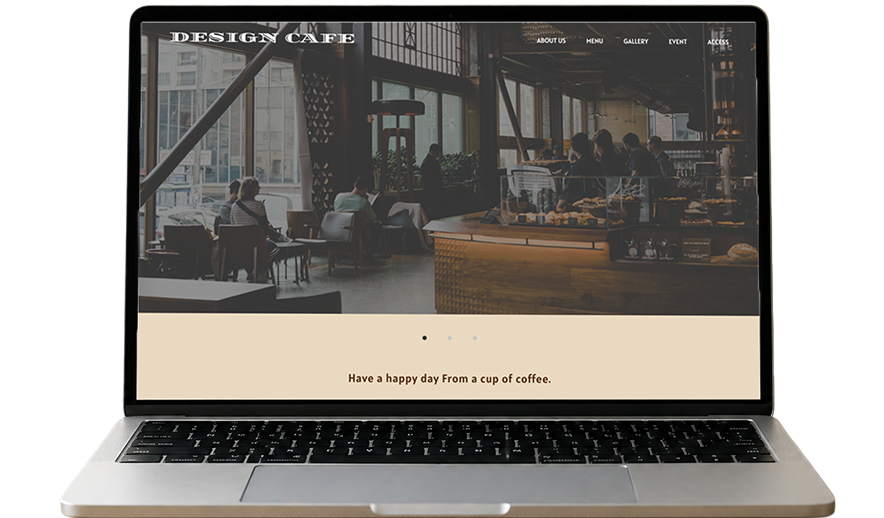 カフェWebサイトを表示したPCモックアップ