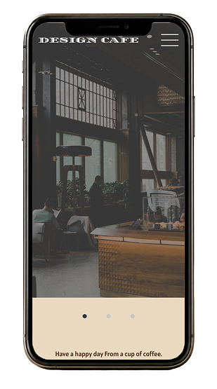 カフェWebサイトを表示したスマートフォンモックアップ