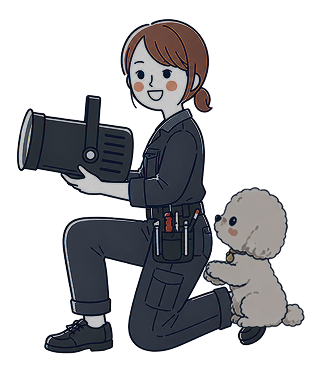 スポットライトを持つ人物と犬のイラスト